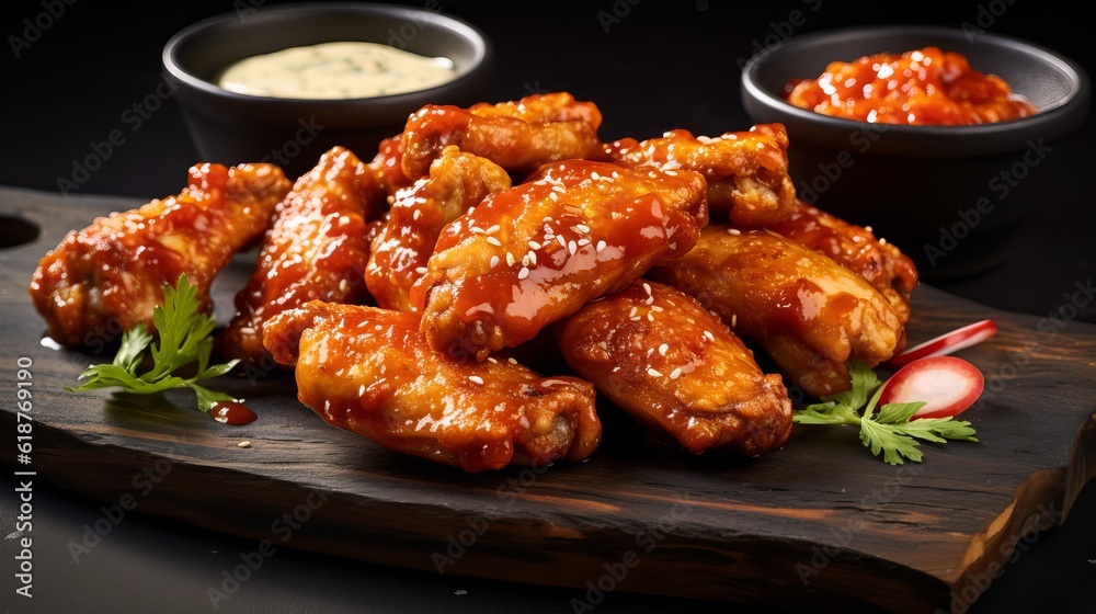 Hot and spicy bbq chicken wings with dip and hot sauce on black stone plate Generative AI Hot and spicy bbq chicken wings with dip and hot sauce on black stone plate Generative AI