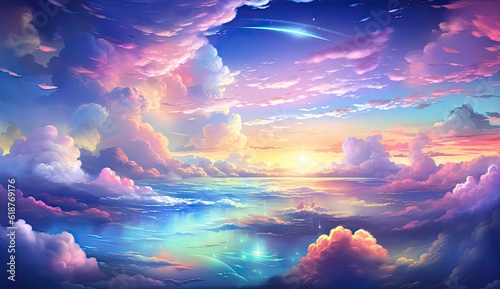 Foto Anime drawing of colorful clouds and a rainbow on the sky.
