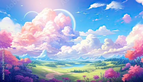 Anime drawing of colorful clouds and a rainbow on the sky. 
