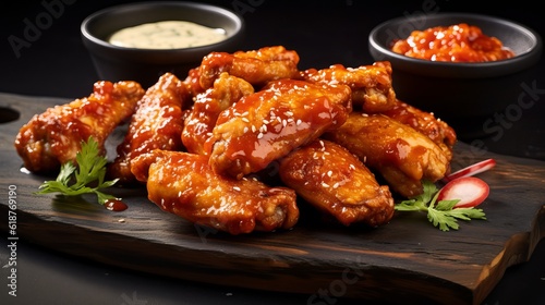 Hot and spicy bbq chicken wings with dip and hot sauce on black stone plate Generative AI