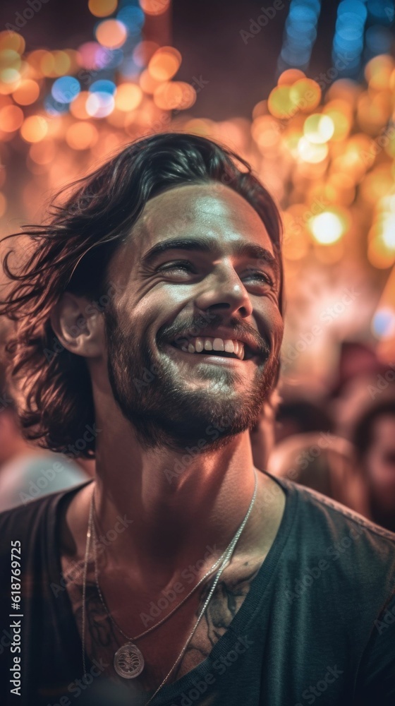 Portrait of a handsome young Caucasian male at a festival, AI-generated. Portrait of a handsome young Caucasian male at a festival, AI-generated.
