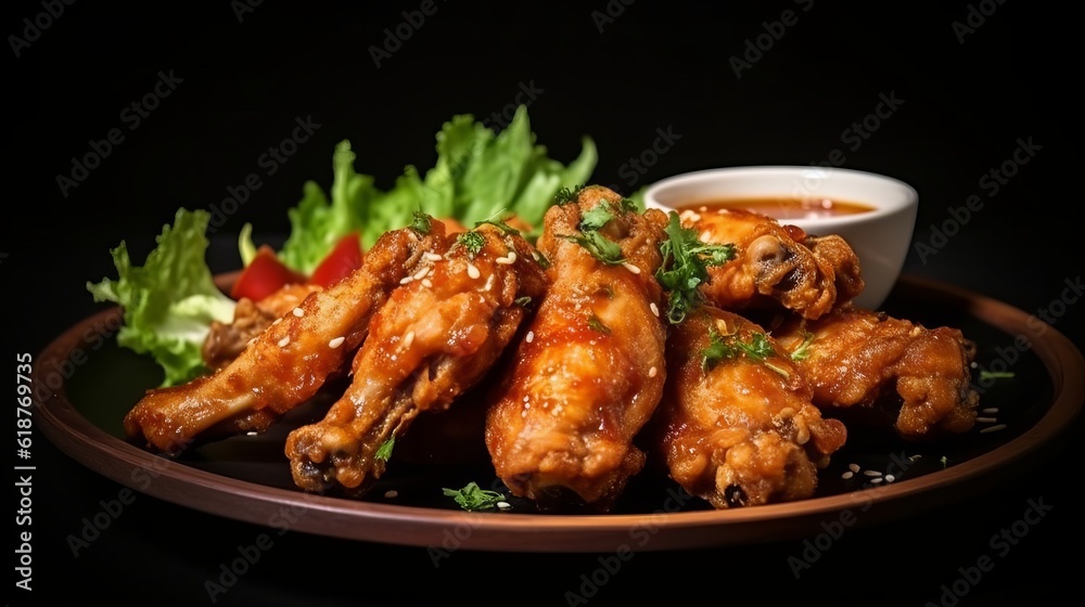 Fried chicken wing or Fried chicken on a plate in thai food style Generative AI
