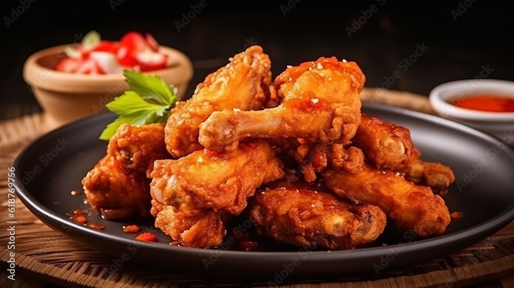 Fried chicken wing or Fried chicken on a plate in thai food style Generative AI Fried chicken wing or Fried chicken on a plate in thai food style Generative AI