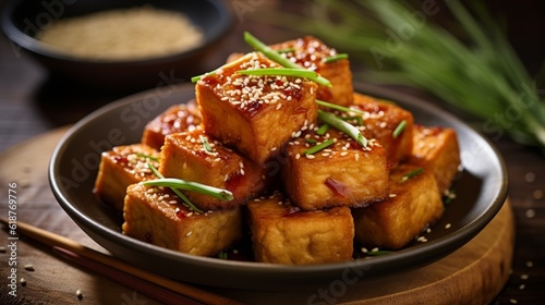 Fried tofu with sesame seeds and spices Generative AI