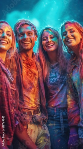 Group of young friends with multicolored powder on them at a festival, AI-generated.