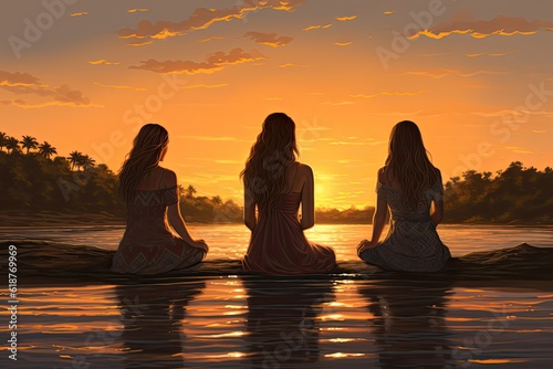Three girls watching the summer sunset on the beach together