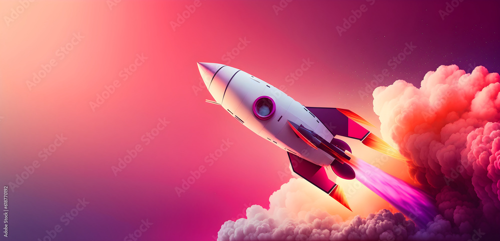 Rocket launch into space, wide banner with copy space, concept of business startup, growth, website or project design, generative ai Rocket launch into space, wide banner with copy space, concept of business startup, growth, website or project design, generative ai