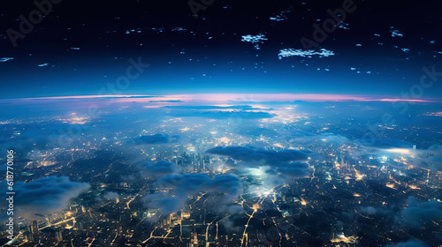 Panoramic view on planet Earth globe from space. Glowing city lights, light clouds. Generative AI