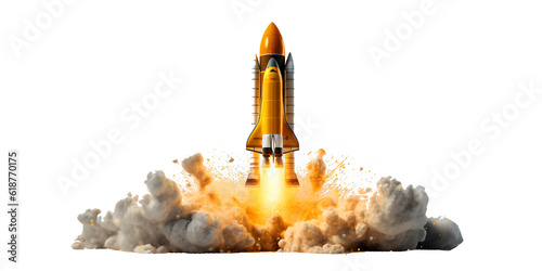 Rocket launch into space, concept of business startup, growth, website or project design, isolated on white background, generative ai