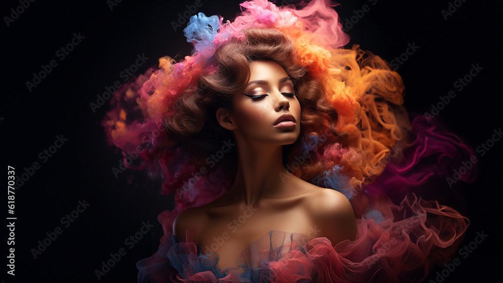 Model Frau Gesicht mit bunten schwebenden Haar und Fabexplosion auf dunklen Untergrund Nahaufnahme, ai generativ