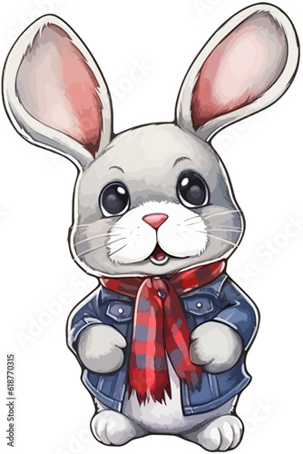 Cute cartoon bunny wearing a blue jacket and a red scarf.