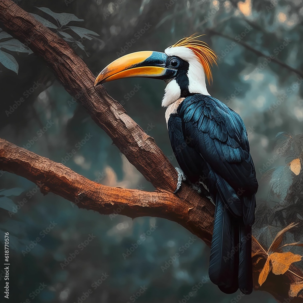 AI generated illustration of a beautiful Toucan perched atop a branch in the jungle