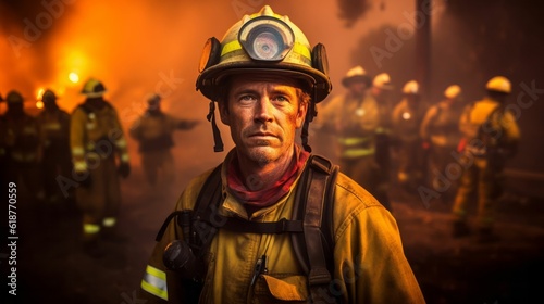 AI generated male firefighter standing in front of a group of people wearing firefighting uniforms © Hollingsworth1/Wirestock Creators