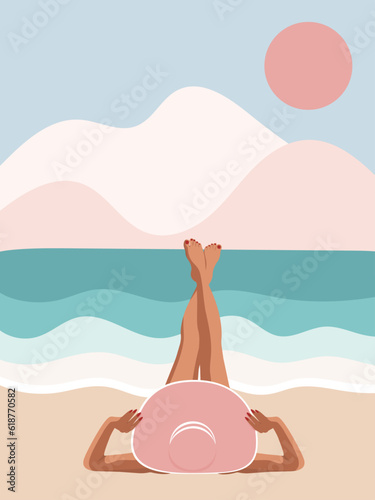 Woman Lady on vacation lying on the beach sunbathing. Big hat. Summer sun mountains ocean sea sand. Retro poster, design, decoration. Vintage vibe
