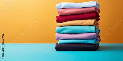 Viele bunte T-shirt zusammengelegt gestapelt mit farbigen Hintergrund, ai generativ