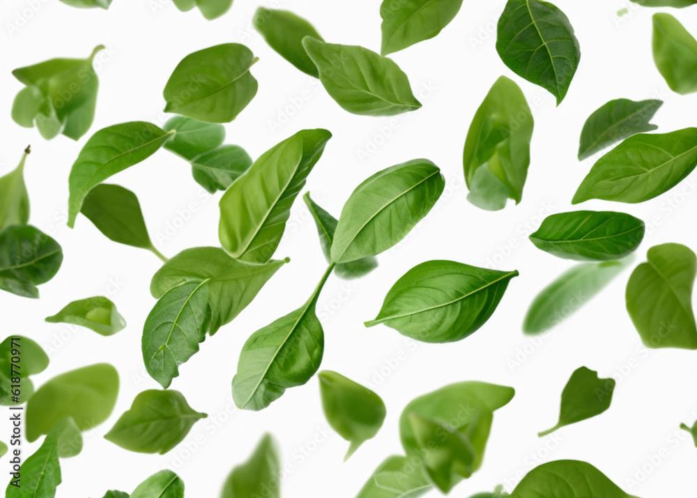 fresh leaves flying around over white background, trendy levitation illustration created with generative ai technology fresh leaves flying around over white background, trendy levitation illustration created with generative ai technology