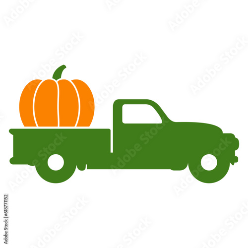 Logo thanksgiving day. Silueta de calabaza en furgoneta vintage para su uso en invitaciones y tarjetas 