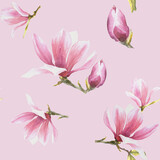 Watercolor Seamless Pattern pink background Hand painted illustration Magnolia