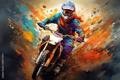 Young woman in colorful helmet riding a colorful bike. Digital artwork created with generative AI. 