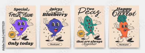 Collection of bright groovy posters 70s. Retro poster with funny cartoon walking characters in the form of fruits and poisons, peas, blueberries, carrots and plums. Vintage prints, isolated