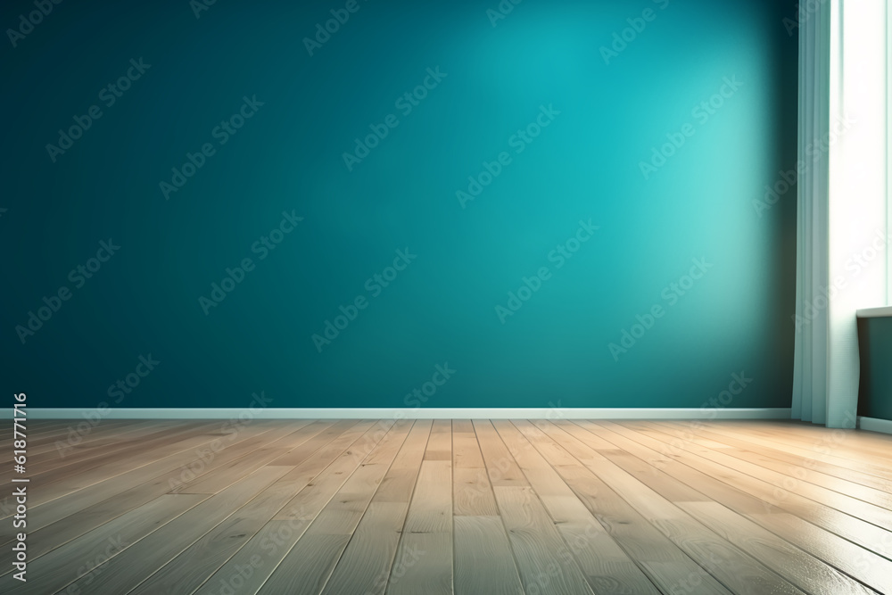 Blue turquoise empty wall and wooden floor with interesting with glare Blue turquoise empty wall and wooden floor with interesting with glare