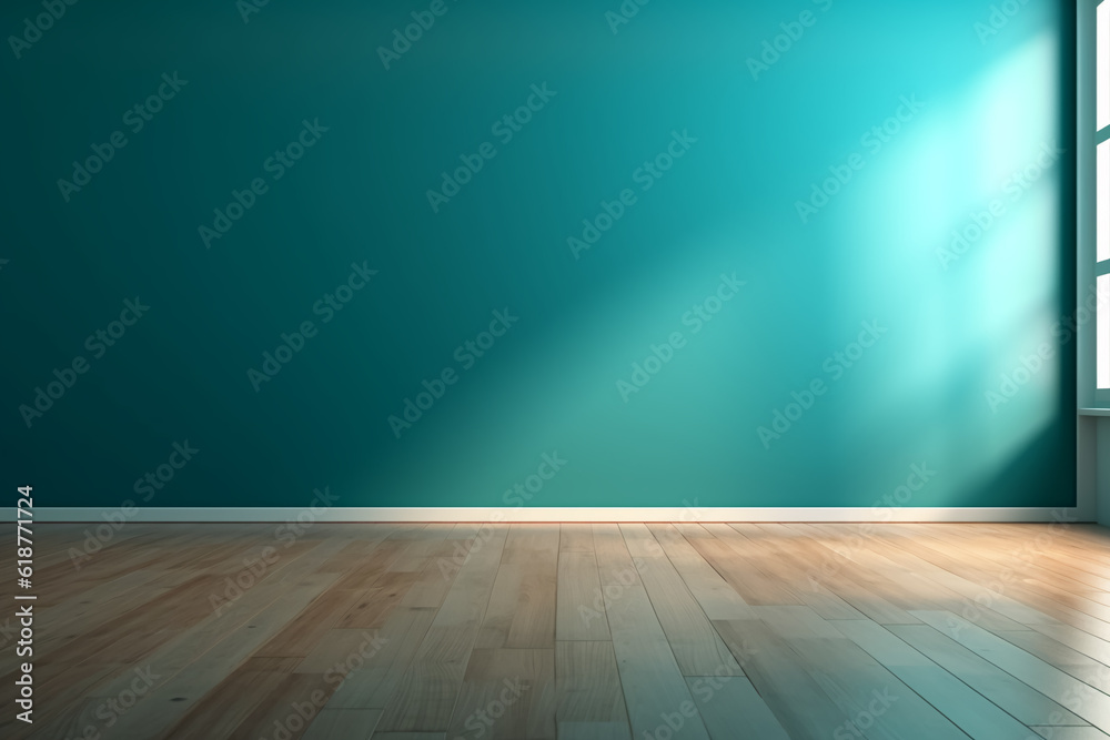 Blue turquoise empty wall and wooden floor with interesting with glare 