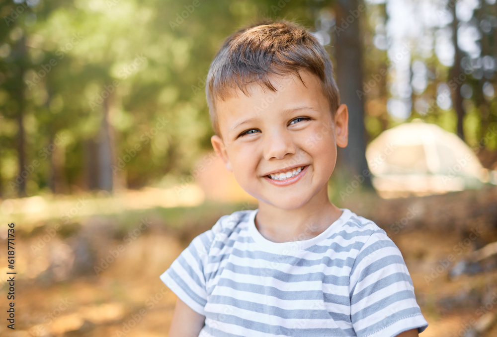 Happy, camping and portrait of child in park smile for playing, adventure and freedom in nature. Childhood, happiness and face of little boy in woods or forest for hiking, traveling and trekking Happy, camping and portrait of child in park smile for playing, adventure and freedom in nature. Childhood, happiness and face of little boy in woods or forest for hiking, traveling and trekking