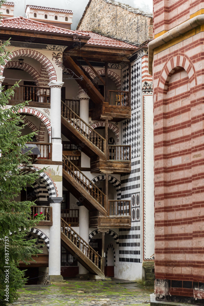 Wooden Stairs at Rila Monastery in Bulgaria.