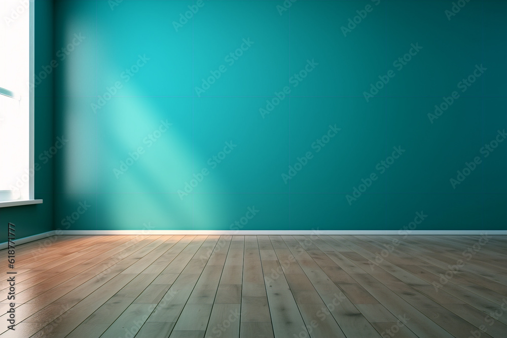 Blue turquoise empty wall and wooden floor with interesting with glare Blue turquoise empty wall and wooden floor with interesting with glare