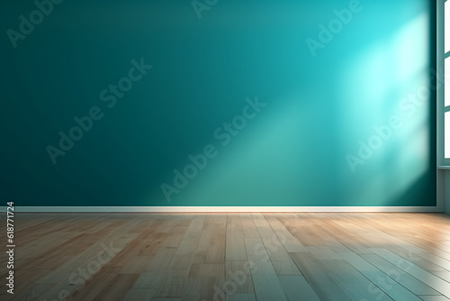 Blue turquoise empty wall and wooden floor with interesting with glare  © MUS_GRAPHIC