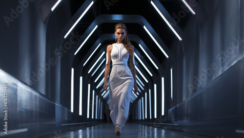 Hübsche blonde Model Frau in futuristischen weißen Lack Outfit im Tunnel mit vielen LED Lichter beim Catwalk, ai generativ photo