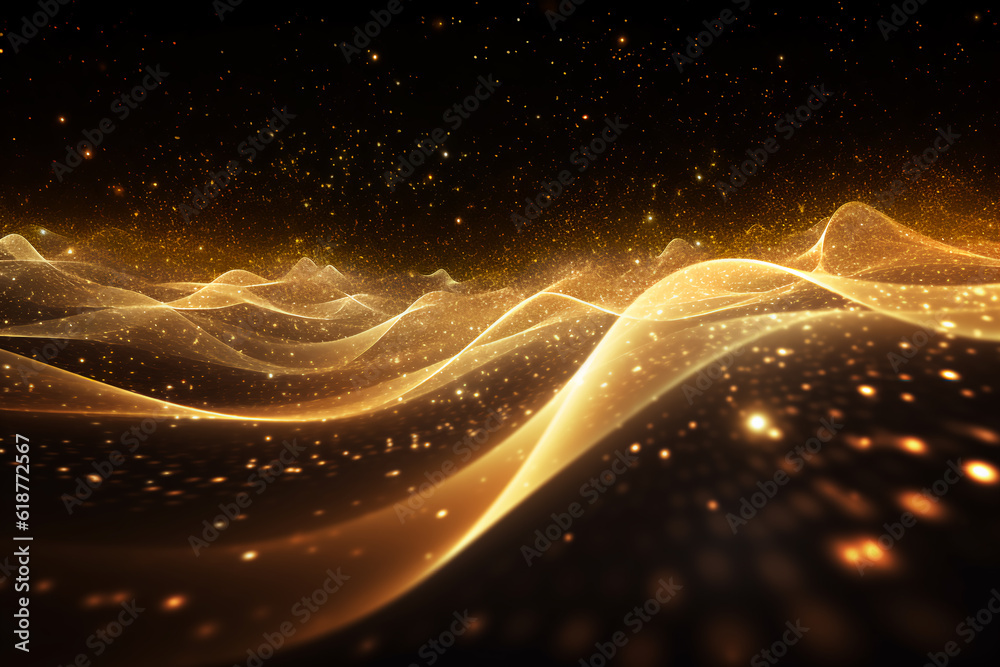 Digital Gold Particles Wave and light abstract background with shining floor particle stars dust. Futuristic glittering Luxury golden sparkling on black background