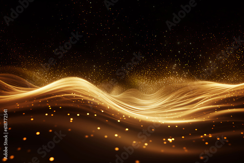 Digital Gold Particles Wave and light abstract background with shining floor particle stars dust. Futuristic glittering Luxury golden sparkling on black background