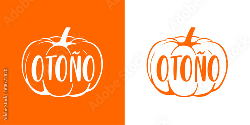 Logo con texto manuscrito otoño en español en calabaza para su uso en invitaciones y tarjetas 