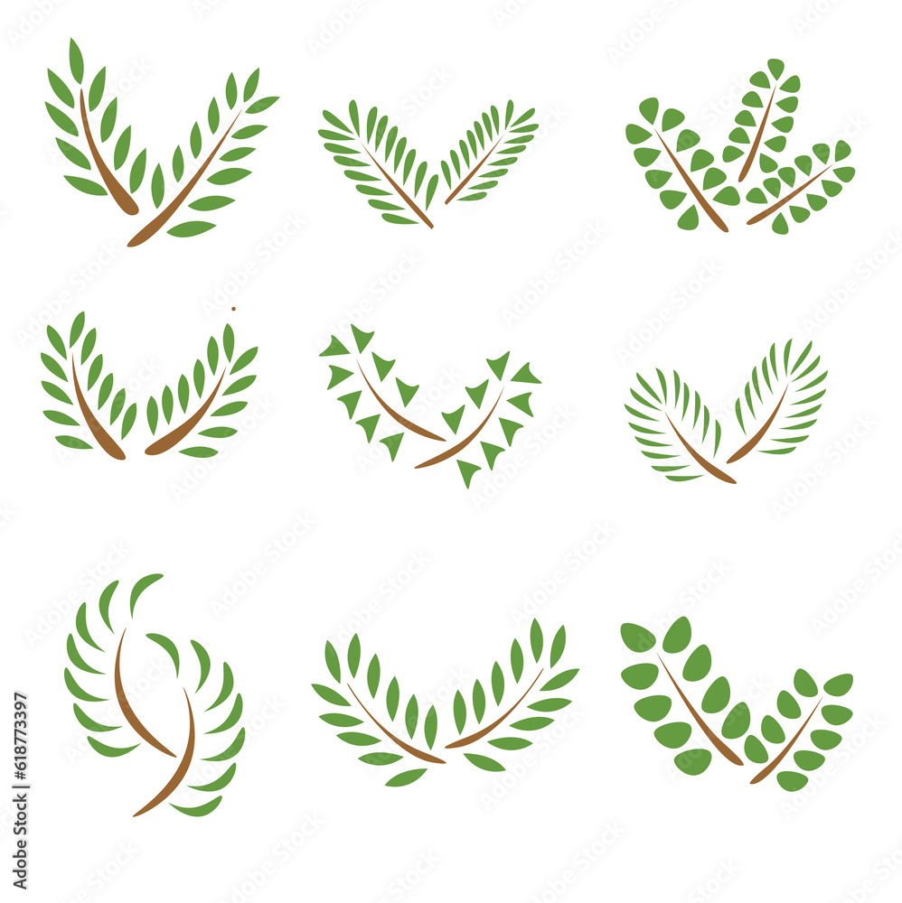 Vector design of array of leaves and branches in various shapes and sizes on a white background Vector design of array of leaves and branches in various shapes and sizes on a white background