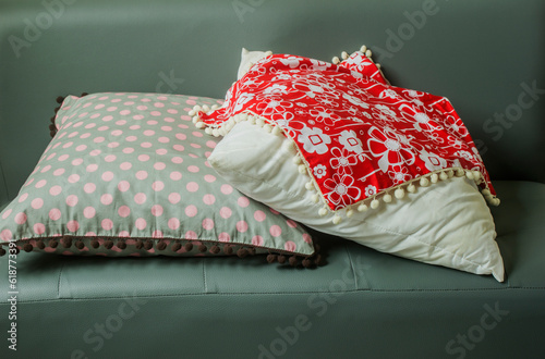 Two cushions, two colors, handmade concept. photo