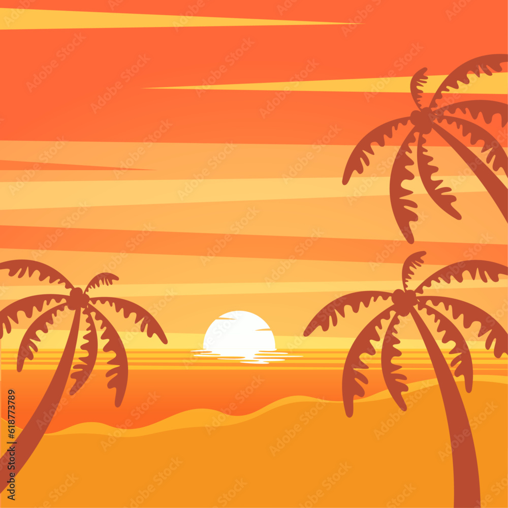 Beach sunset with palm silhouettes background