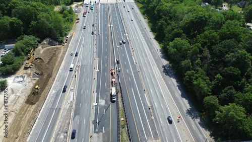 Aerial view of cars traveling along a highway road