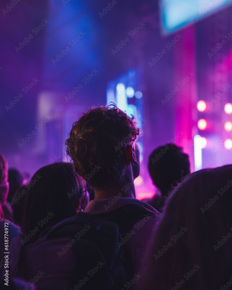 Crowd of people watching a band perform on stage in front of them.