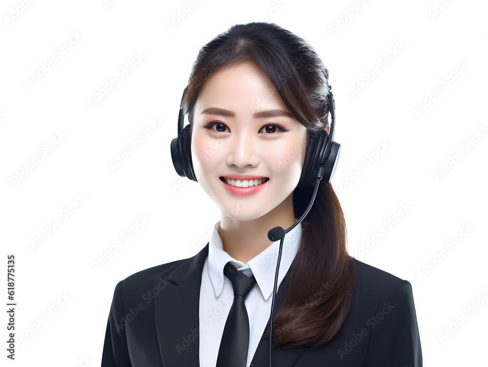 a woman with a call center headset smiling and wearing a black shirt, white background Generative AI a woman with a call center headset smiling and wearing a black shirt, white background Generative AI