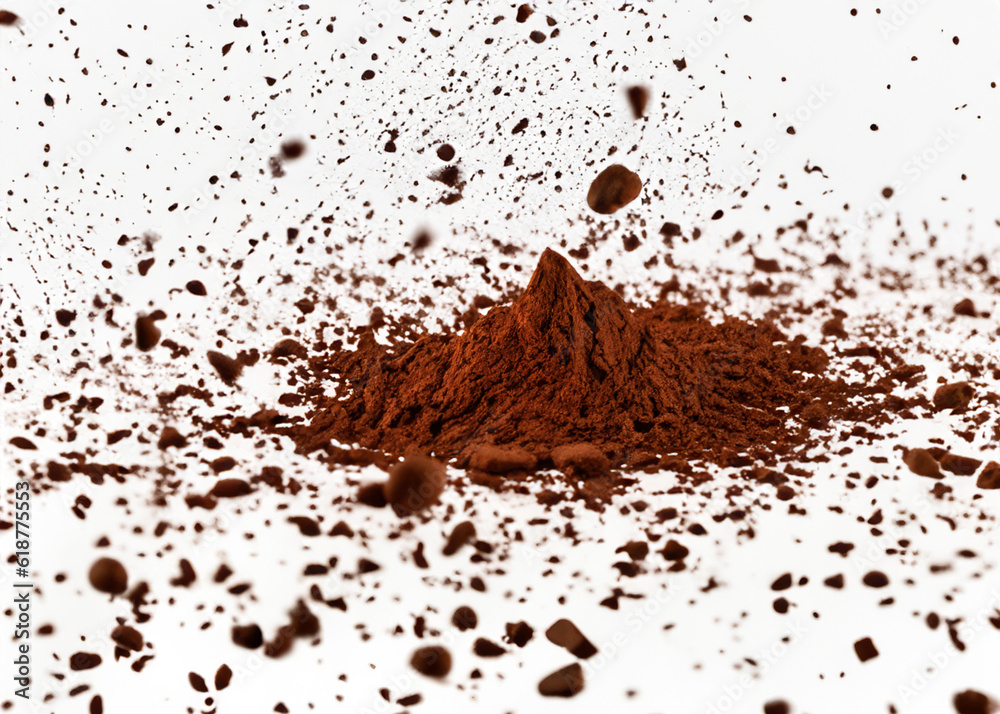fresh cacao powder isolated over white, trendy levitation illustration created with generative ai technology