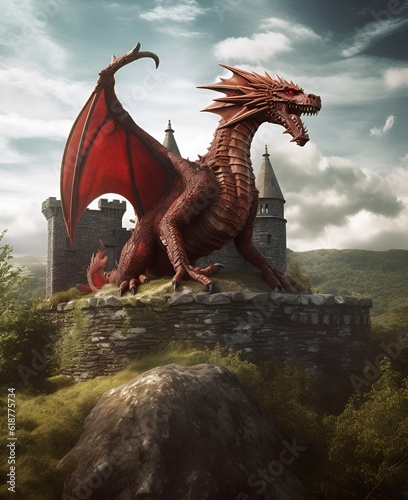 Y draig goch. A vibrant red dragon, wings spread wide, perched atop an ancient castle in the Welsh countryside.  photo