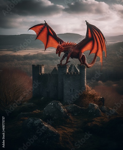 Y draig goch. A vibrant red dragon, wings spread wide, perched atop an ancient castle in the Welsh countryside.  © Henry