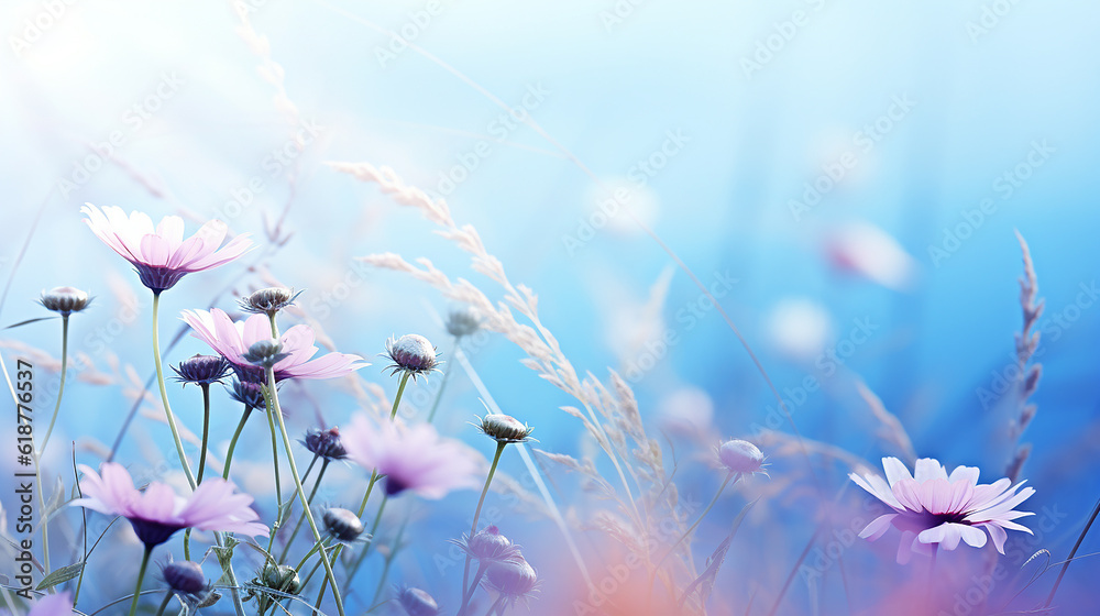 Beautiful wild flowers chamomile, purple wild peas, butterfly in morning haze in nature close - up macro. Landscape wide format, copy space, cool blue tones. Delightful pastoral airy artistic image - obrazy, fototapety, plakaty 
