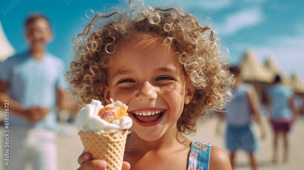 AI-generated close-up of an adorable child eating ice cream on the beach