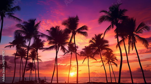 Palm trees silhouettes on tropical summer beach at vivid sunset time © Seption Plus