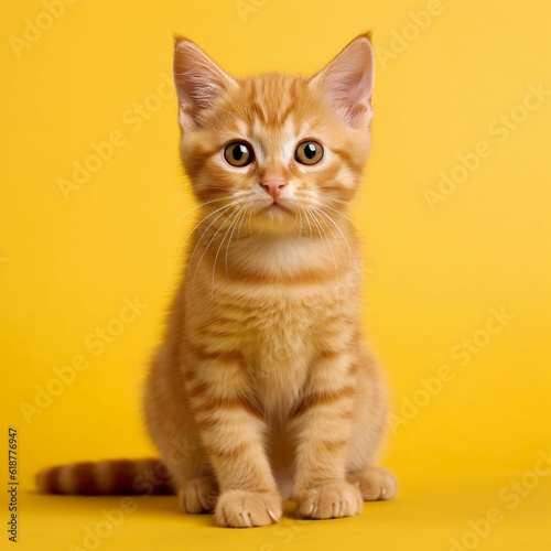 AI generated illustration of a young domestic cat lounging leisurely on a bright yellow background