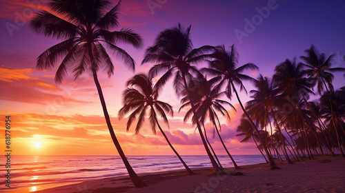 Palm trees silhouettes on tropical summer beach at vivid sunset time