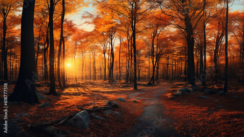 The setting sun enchants a deciduous forest with vibrant gold colors, panoramic shot © Seption Plus