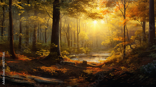 The setting sun enchants a deciduous forest with vibrant gold colors  panoramic shot